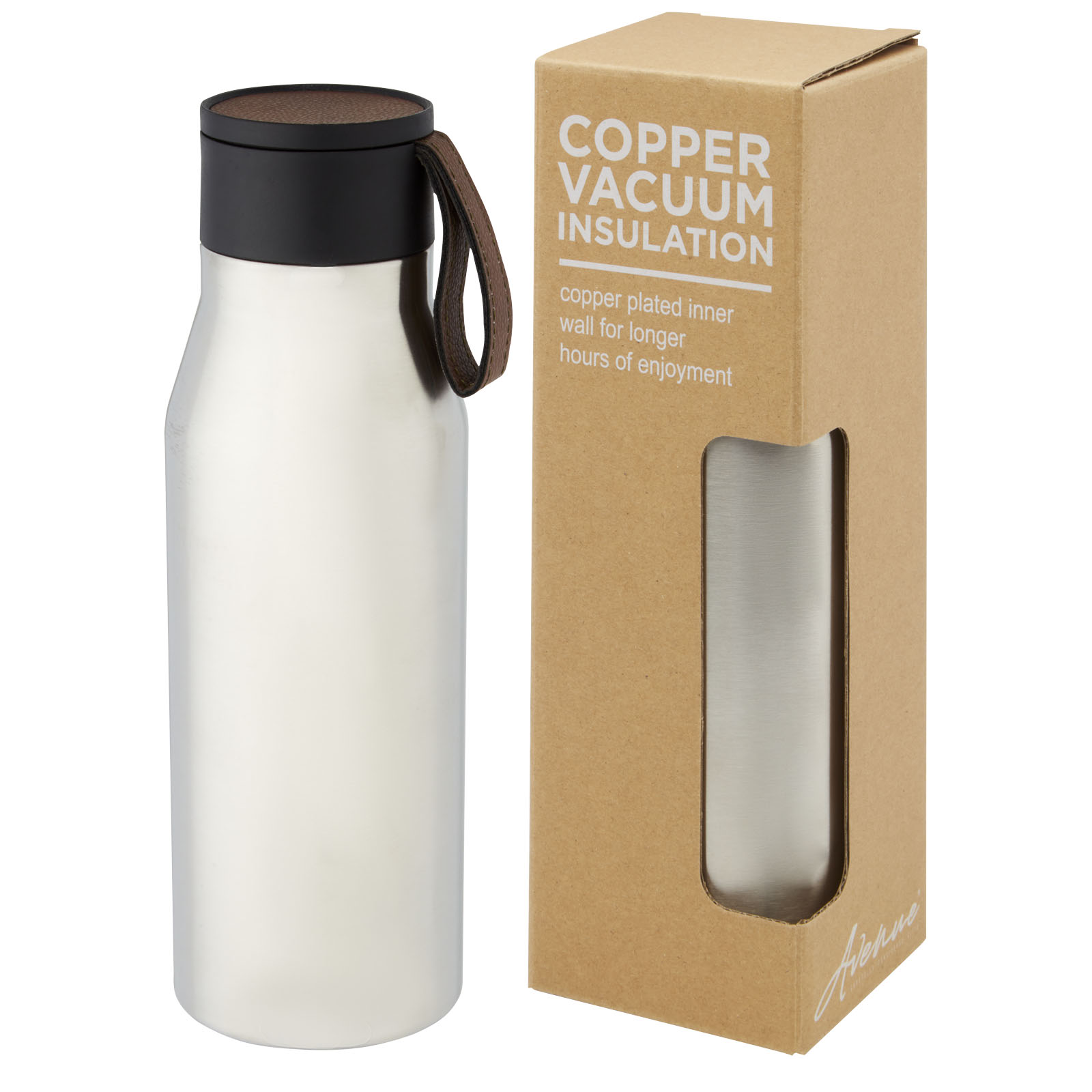 10066881 Ljungan 500 ml copper vacuum insulated stainless steel bottle with PU leather strap and lid - Image 1