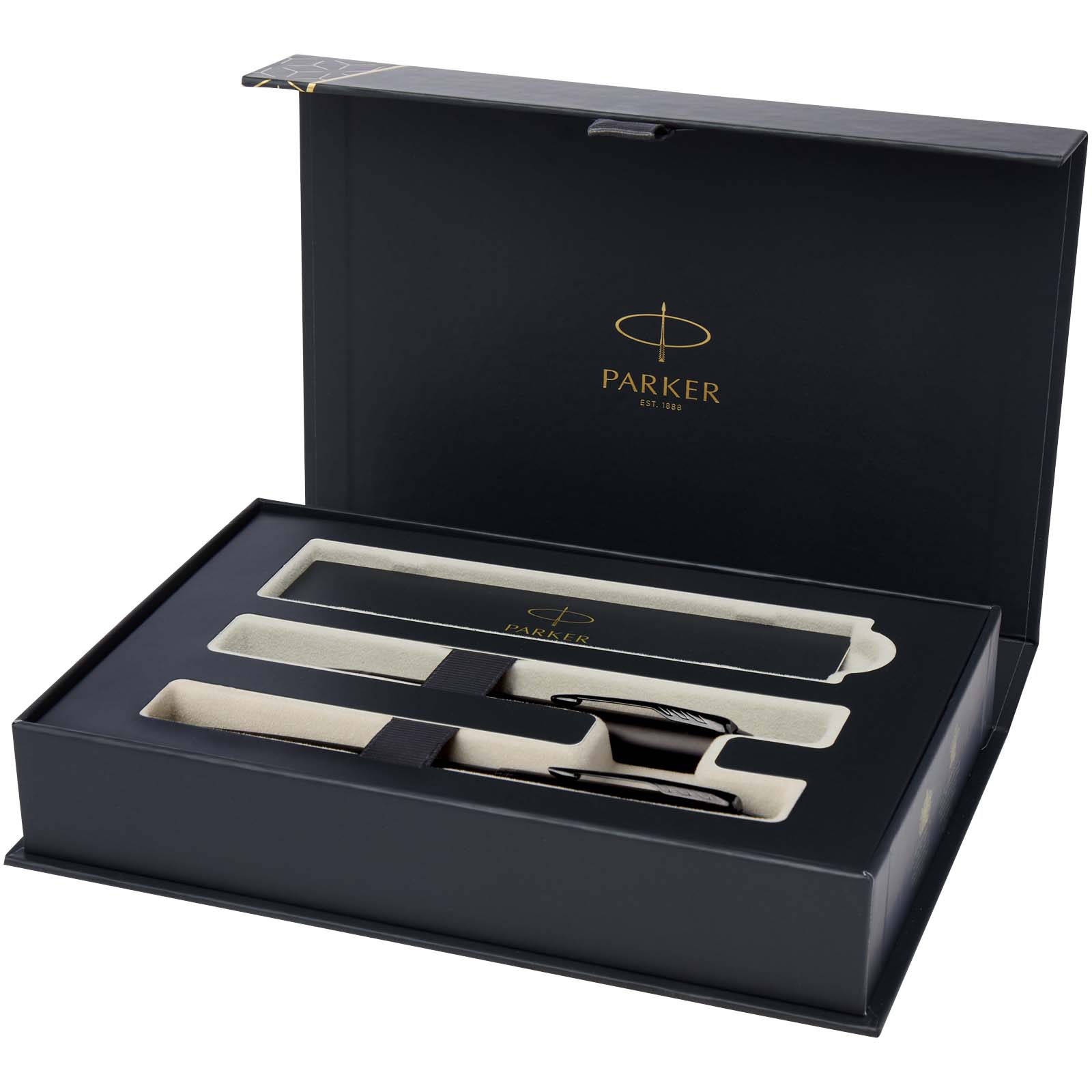 10782082 Parker IM achromatic ballpoint and rollerball pen set with gift box (black/blue ink) - Image 1