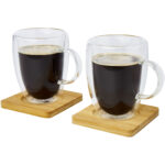 Manti 2-piece 350 ml double-wall glass cup with bamboo coaster - Image 5