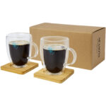 Manti 2-piece 350 ml double-wall glass cup with bamboo coaster - Image 2