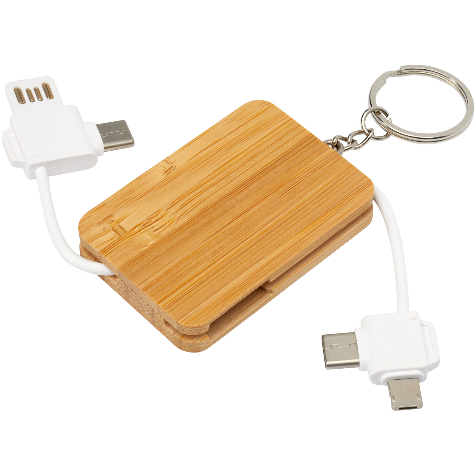 12432906 Reel 6-in-1 retractable bamboo key ring charging cable - Image 1