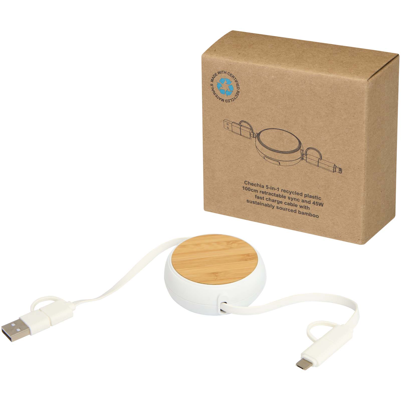 12441901 Chechia 5-in-1 recycled plastic 100 cm retractable data sync and 45W fast charge cable - Image 1