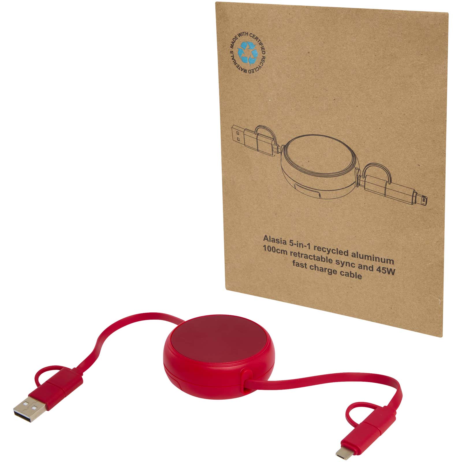 12442021 Alasia 5-in-1 100 cm recycled plastic and aluminium retractable data sync and 45W fast charge cable - Image 1