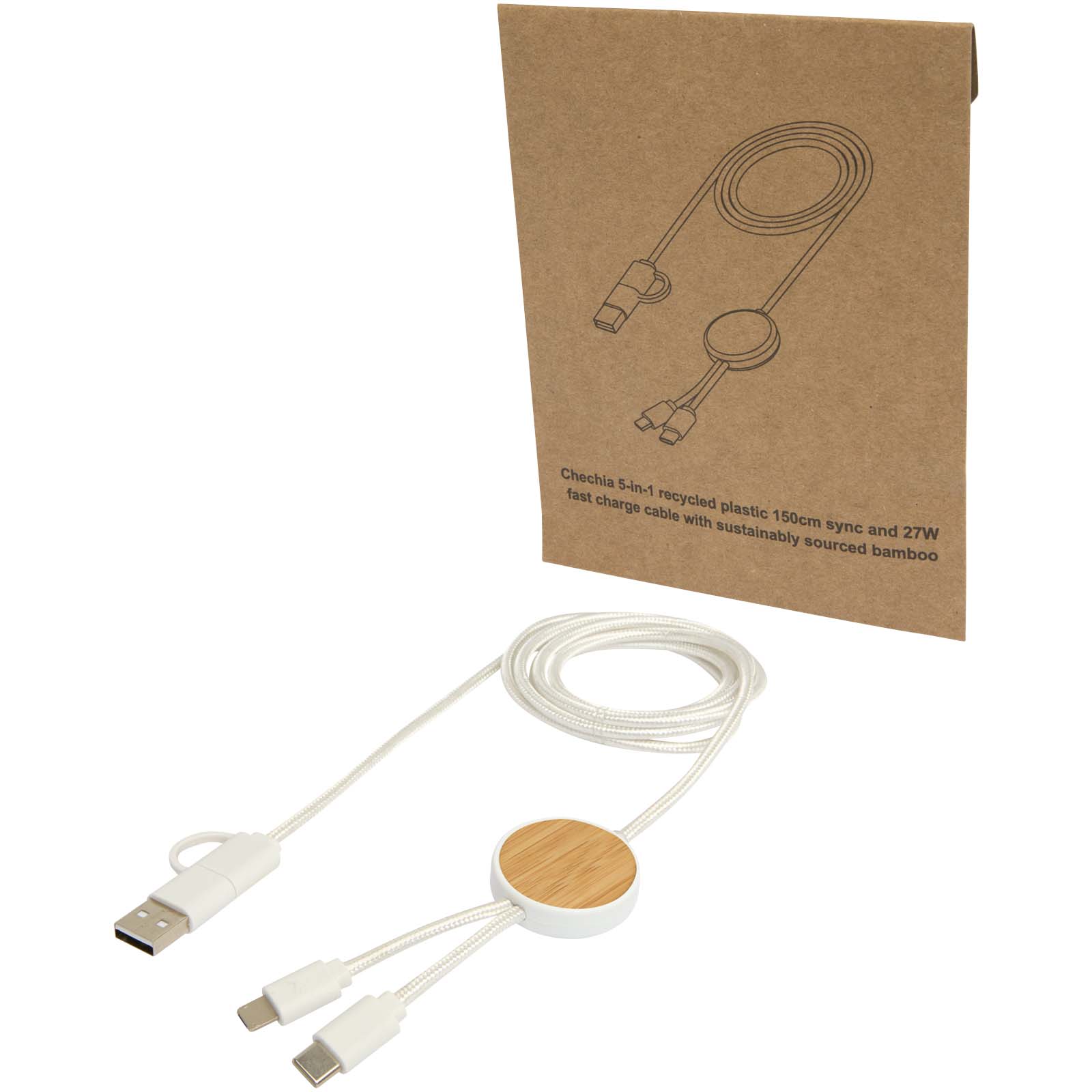 12442201 Chechia 5-in-1 recycled plastic 150 cm data sync and 27W fast charge cable with bamboo details - Image 1