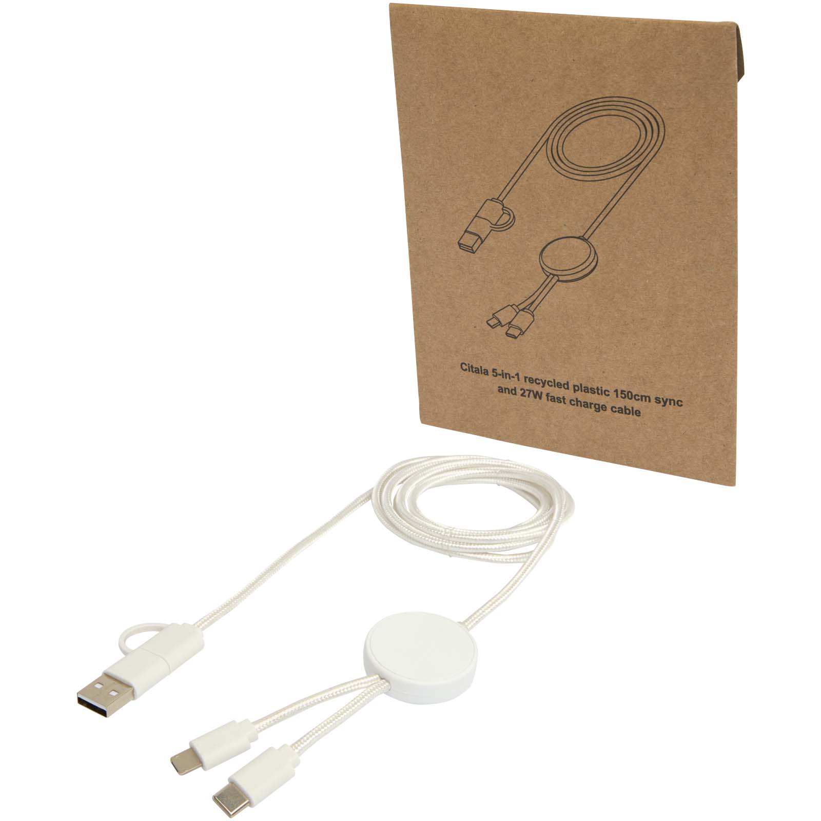 12442801 Citala 5-in-1 recycled plastic 150 cm data sync and 27W fast charge cable - Image 1