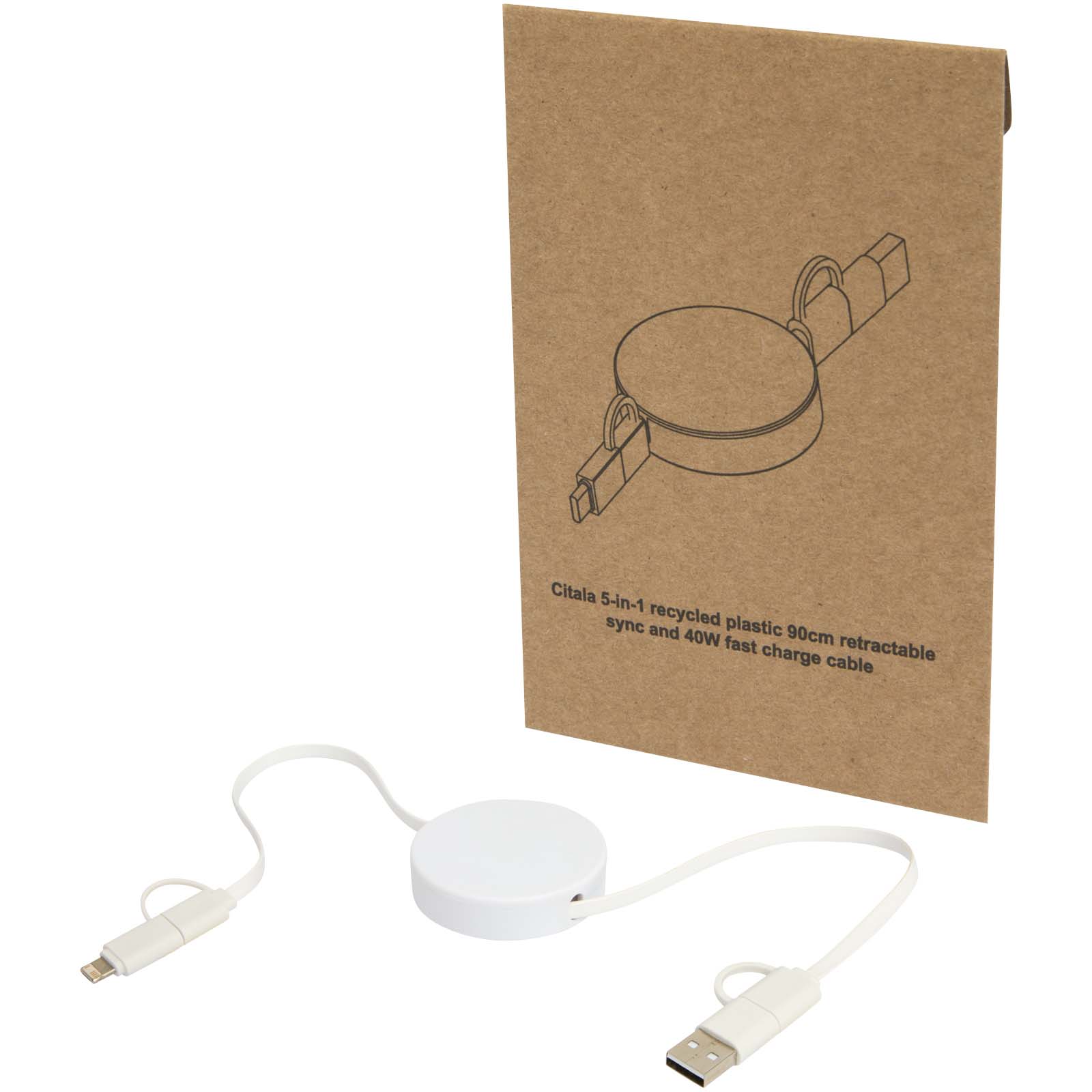 12443001 Citala 5-in-1 recycled plastic 90 cm retractable data sync and 40W fast charge cable - Image 1