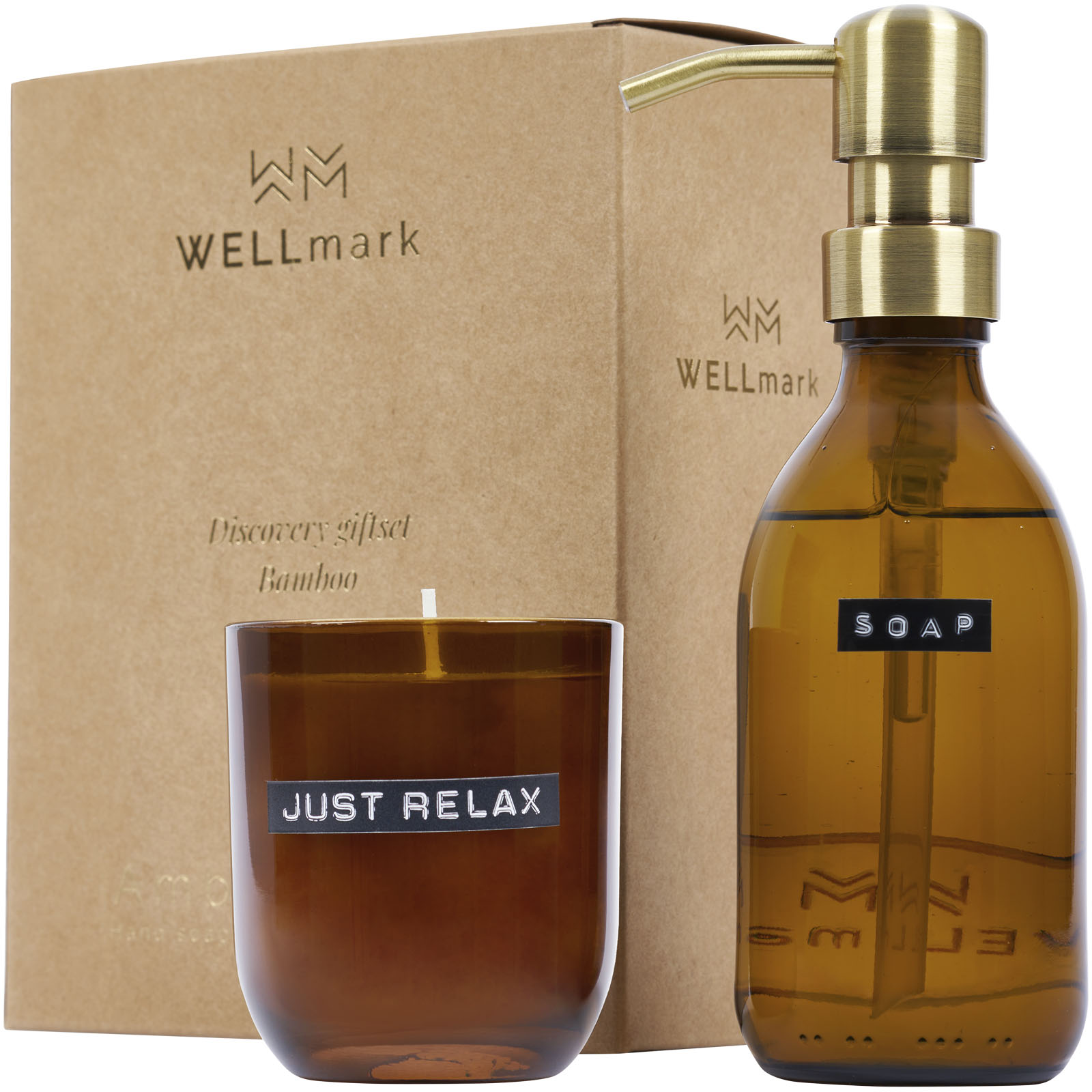 12630811 Wellmark Discovery 250 ml hand soap dispenser and 150 g scented candle set - bamboo fragrance - Image 1