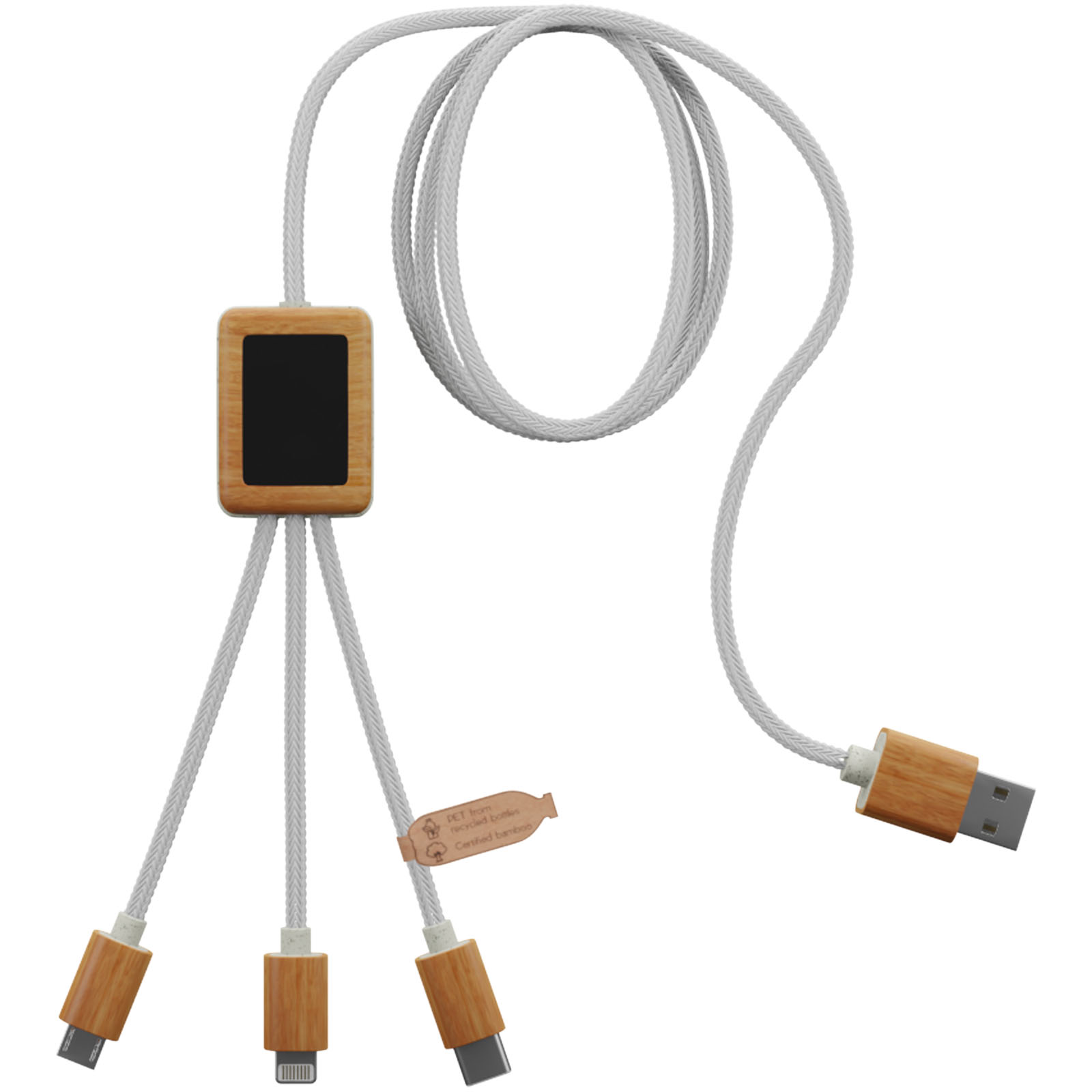 2PX10801 SCX.design C39 3-in-1 rPET light-up logo charging cable with squared bamboo casing - Image 1